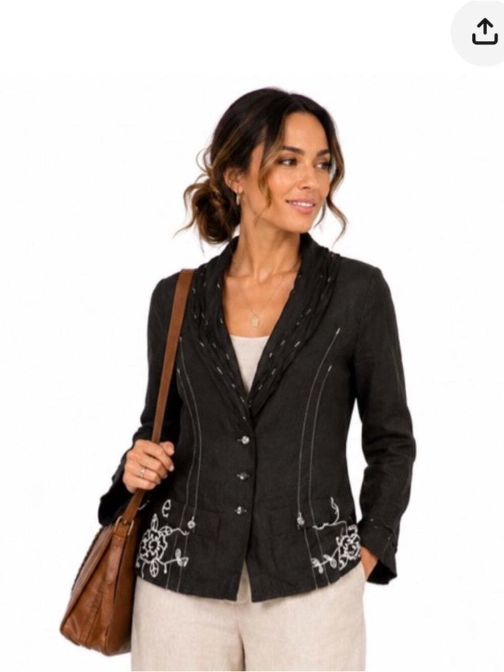 Alison Sheri Black Linen Embroidered Floral Jacket Button Front Artsy Womens L